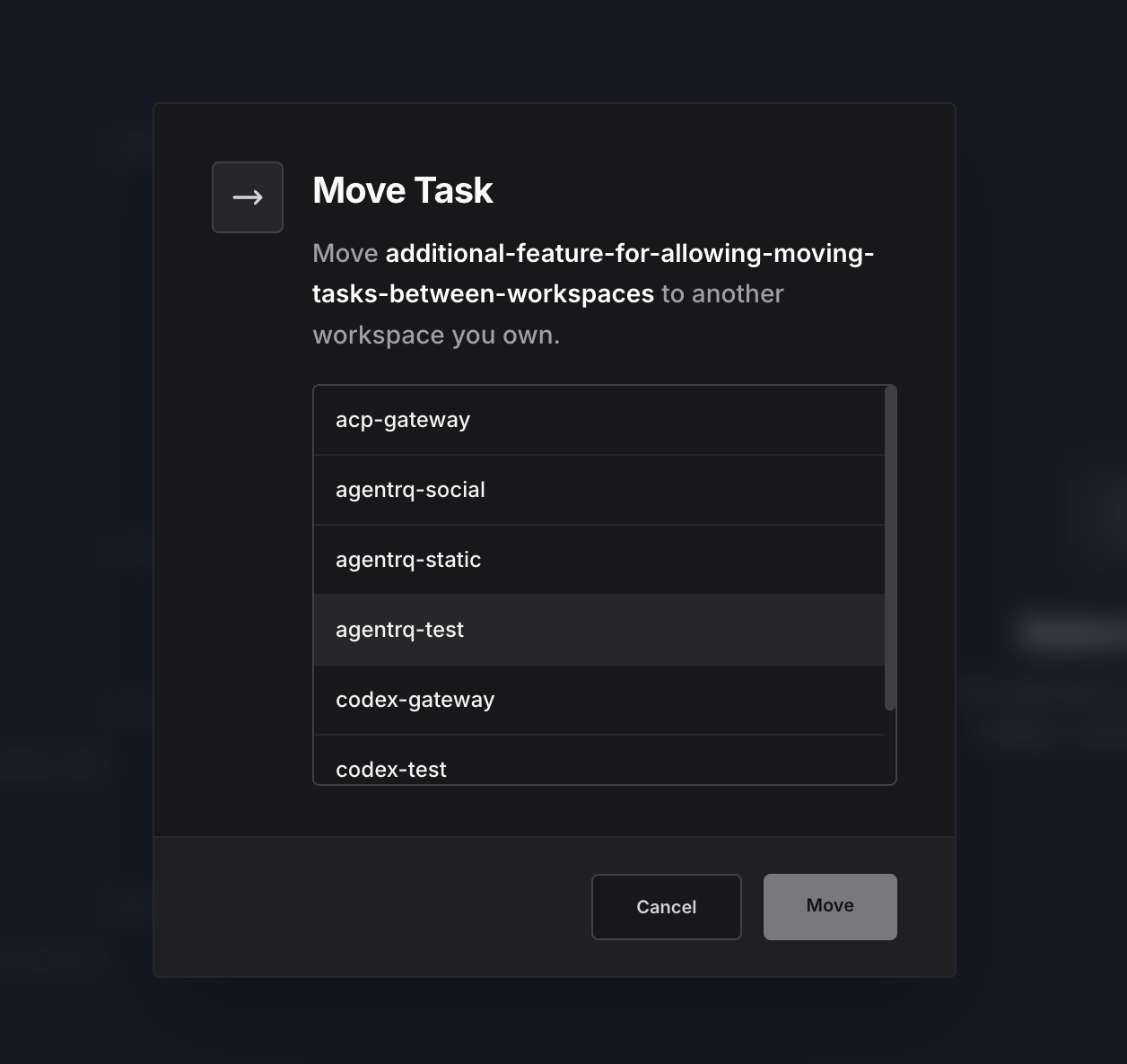 The Move Task modal, listing destination workspaces to move a task into