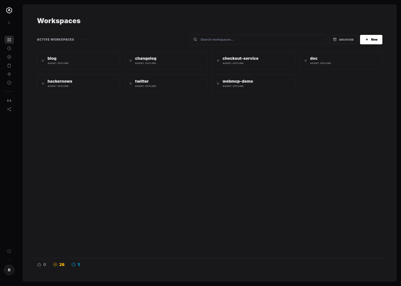 The AgentRQ workspaces list showing seven workspaces, including webmcp-demo, which was created by the createWorkspace tool