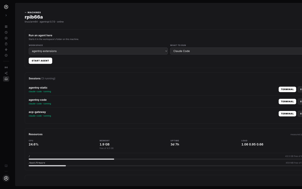 The AgentRQ machine detail page showing the agent launcher, three running sessions and the host's resource readings