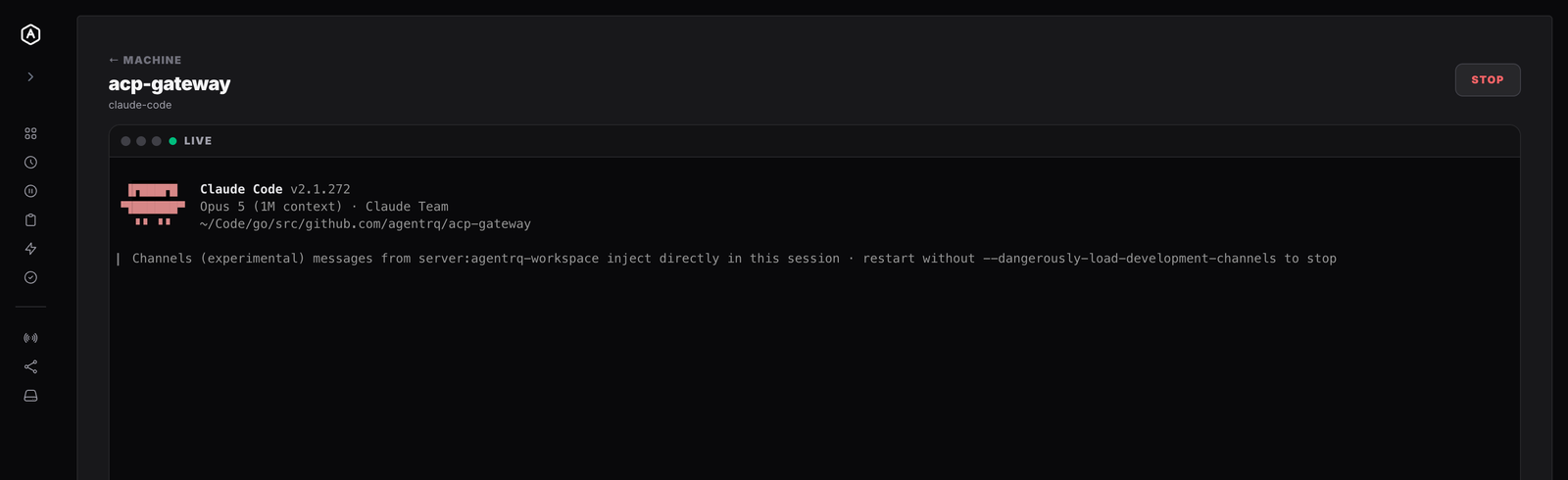 A live claude-code session running on an enrolled machine, watched from the browser