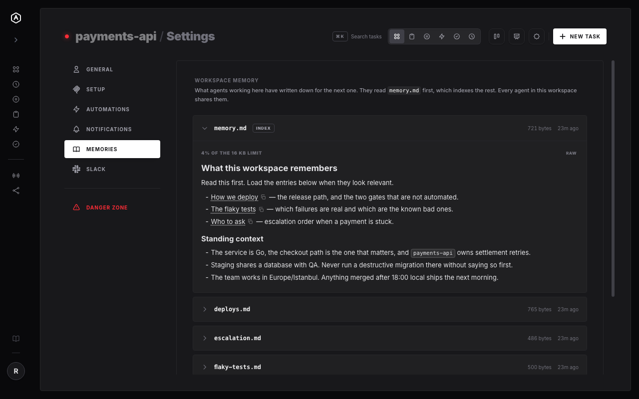 The Memories tab in AgentRQ workspace settings, showing the memory index an agent wrote and its links to named memories